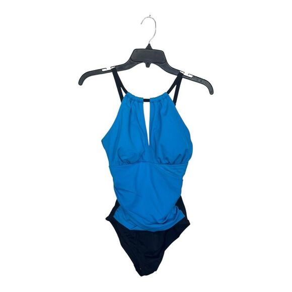 NWT Swim Solutions | Blue Black Tummy Control Draped High Neck Swimsuit 8 - Picture 4 of 10